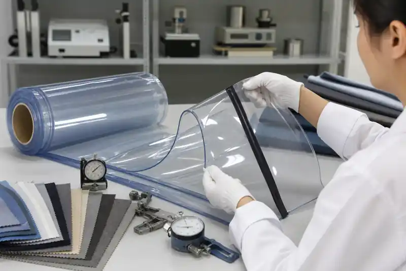 PVC strip curtain samples checked in a textile quality control laboratory